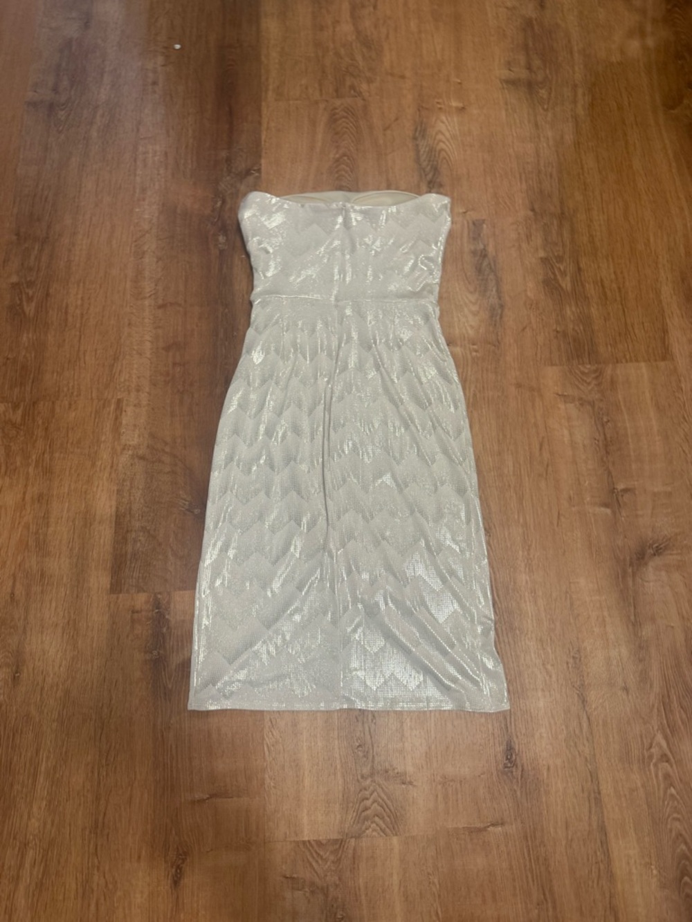 bebe Strapless Silver Shimmer Ruched Cocktail Dress - Picture 2 of 8